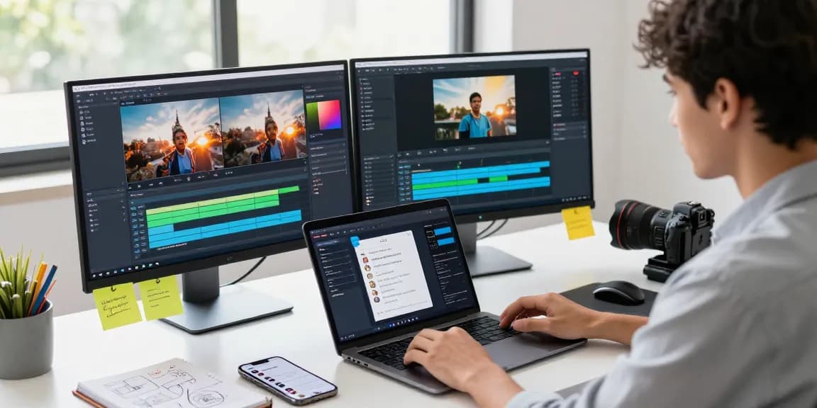 Professional using AI video generator software in a modern tech workspace.