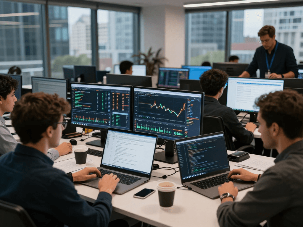 Team discussing precious metal WebSocket API in a modern forex trading office with charts and laptops.
