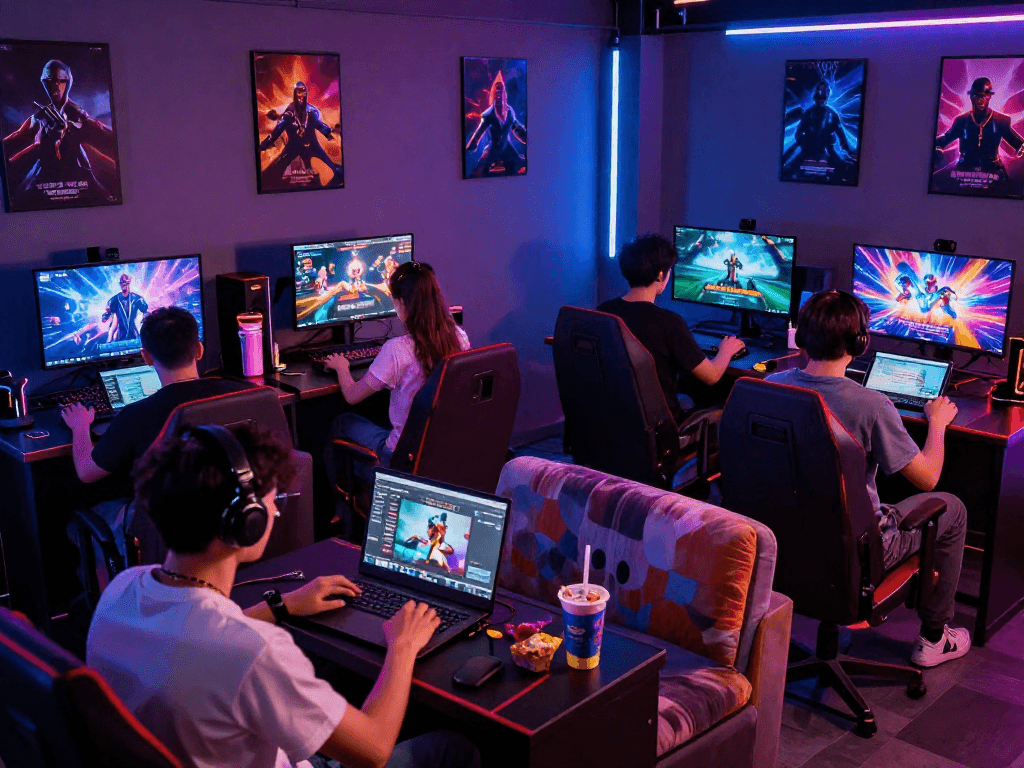Engaged players enjoying interactive porn games in a vibrant gaming lounge environment.
