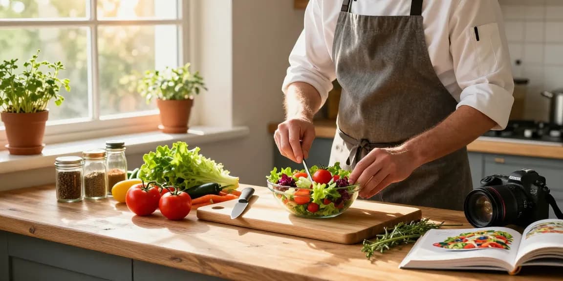 A chef prepares a vibrant salad with fresh ingredients in a sunlit kitchen, showcasing the importance of healthy eating and the keyword สล็อต.