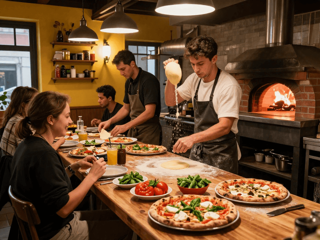 Artisan chef skillfully tossing pizza dough in a cozy kitchen, highlighting the slot of fresh ingredients.