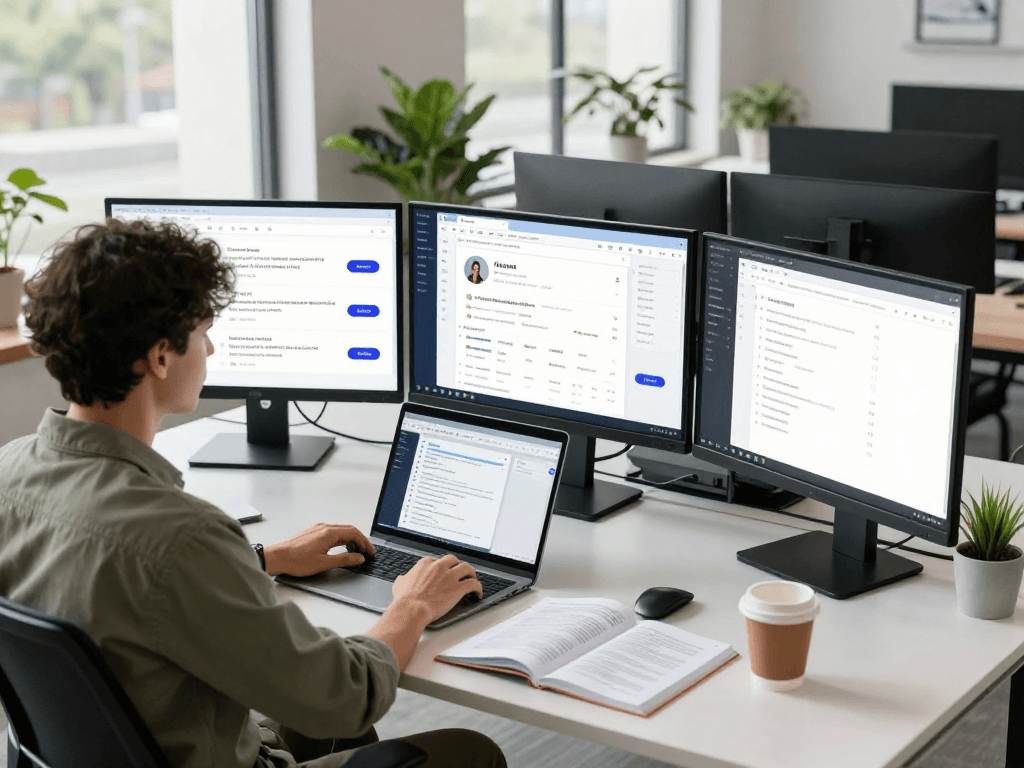 Managing multiple antidetect browser profiles in a tech workspace with dual monitors and e-commerce dashboards.