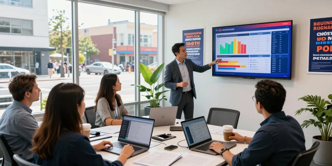 Political programmatic advertising strategy session in dynamic campaign office with digital metrics and engaged team.