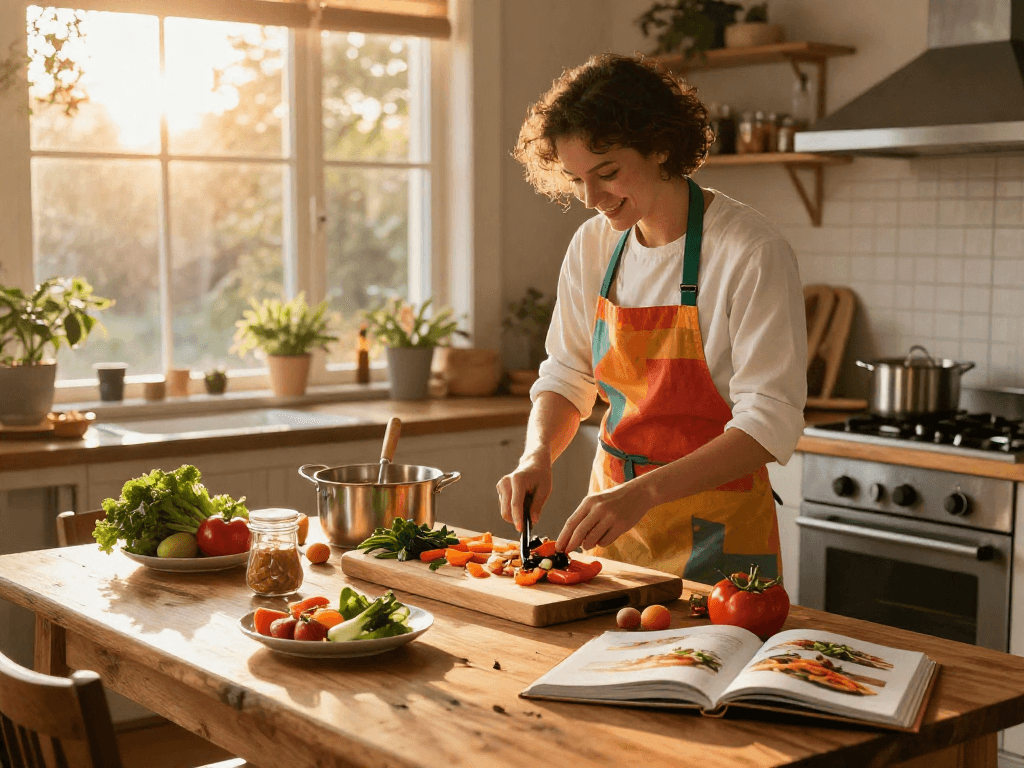 A chef preparing a gourmet meal in a cozy kitchen with fresh ingredients and a focus on the cooking slot.