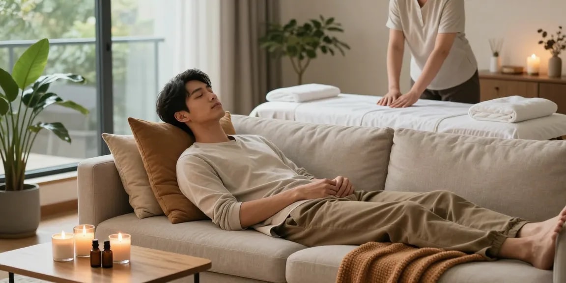 노원출장안마 service in a cozy home setting with a young professional relaxing and preparing for a massage.