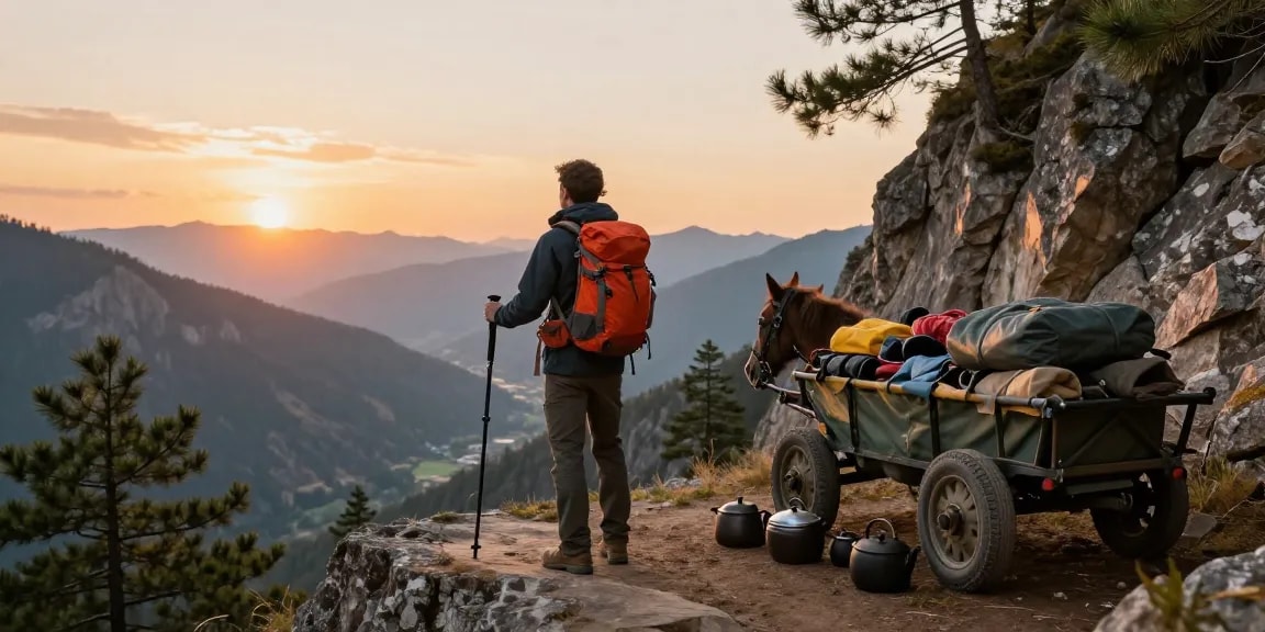 Adventurer at breathtaking mountain viewpoint with rokok 88 gear, showcasing stunning landscape during sunset.