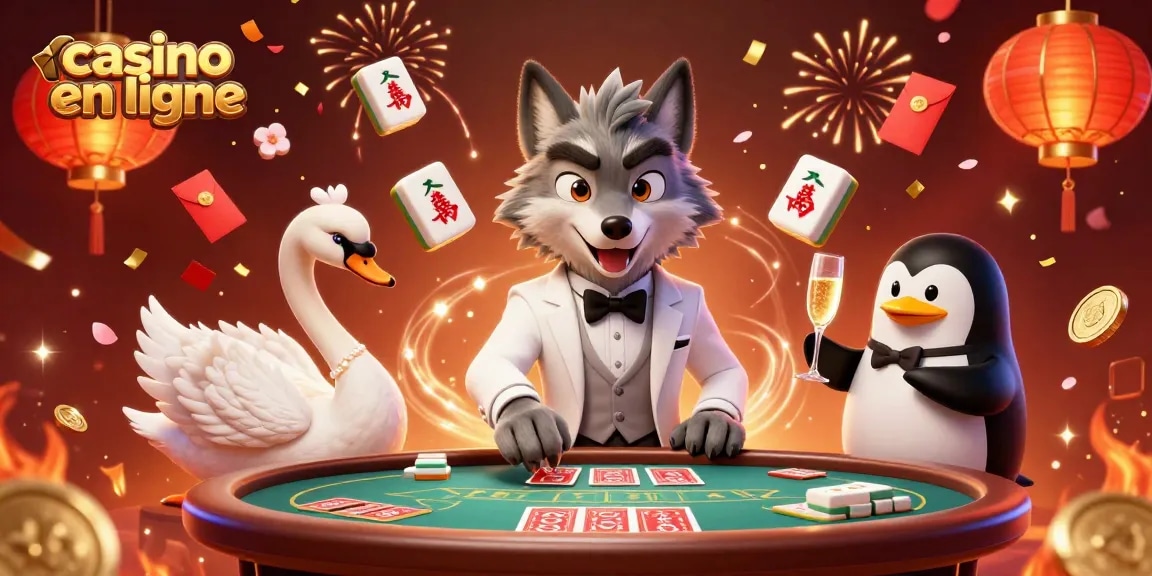 Baccarat dans un casino en ligne avec un loup en costume, un cygne et un pingouin, cartes et champagne présentés