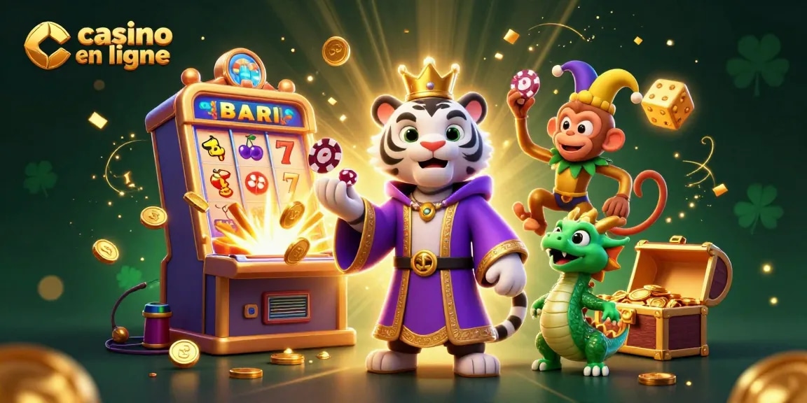Appréciez le visuel captivant du casino en ligne avec un tigre élégant en robes royales et un singe jongleur de jetons.