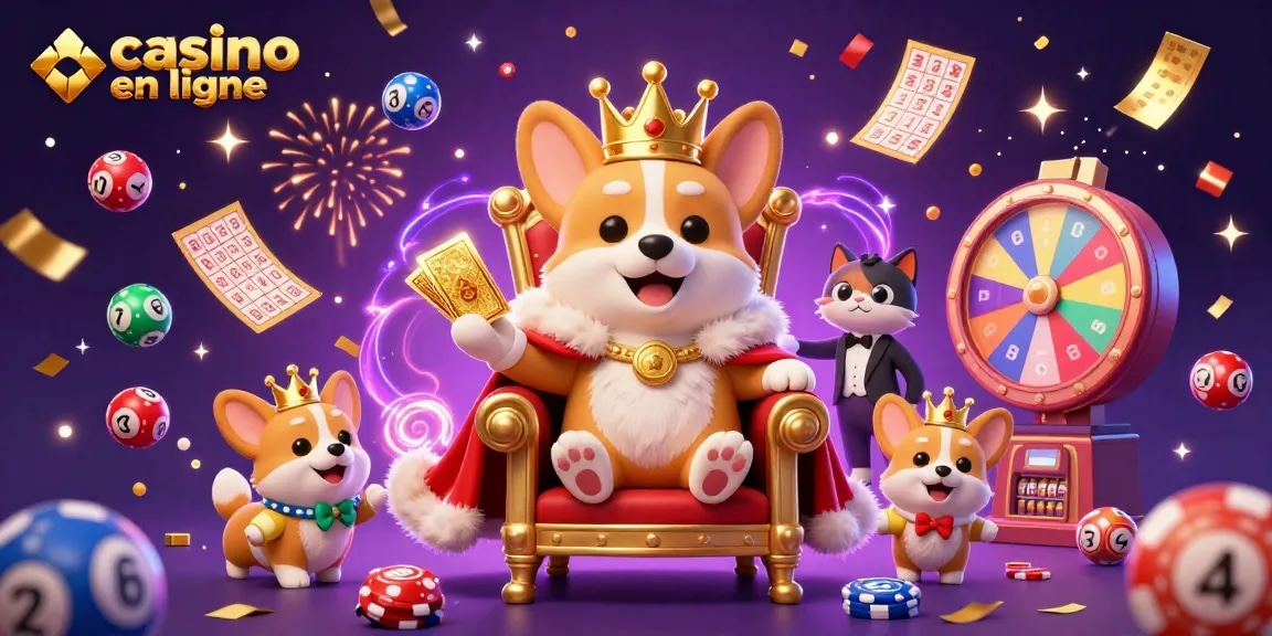 Gagnez aux jeux de casino en ligne avec un corgi royal entouré de jeux et de lots colorés.