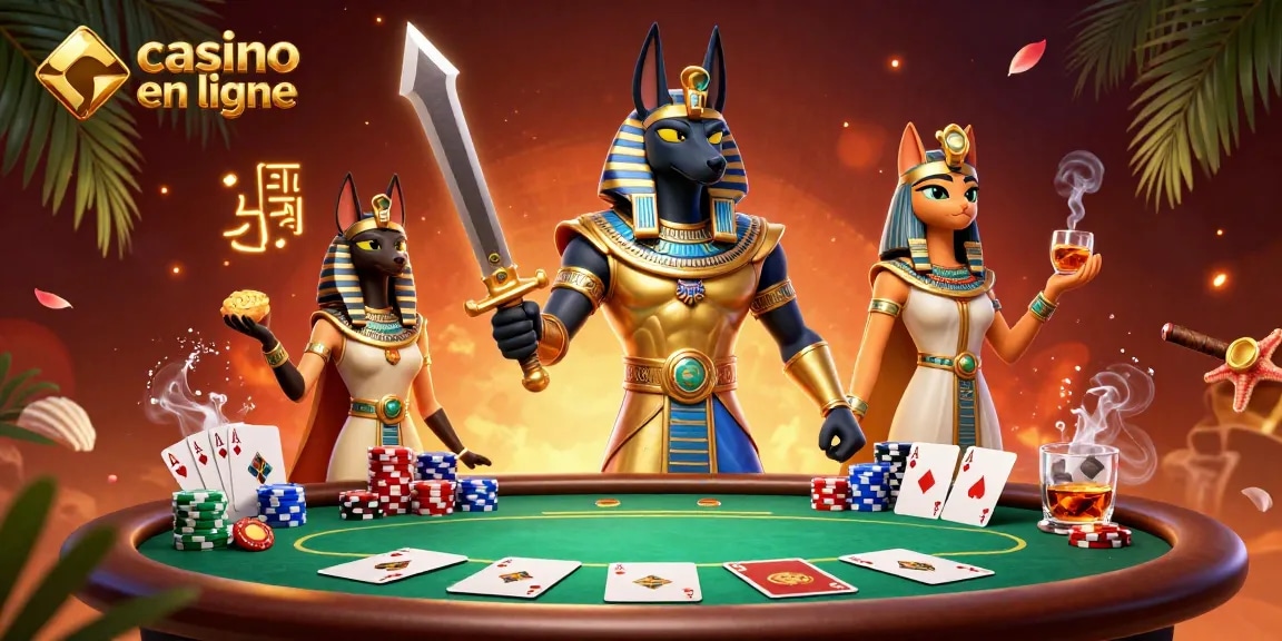 Jouez à casino en ligne avec des personnages égyptiens sur un fond lumineux et coloré.