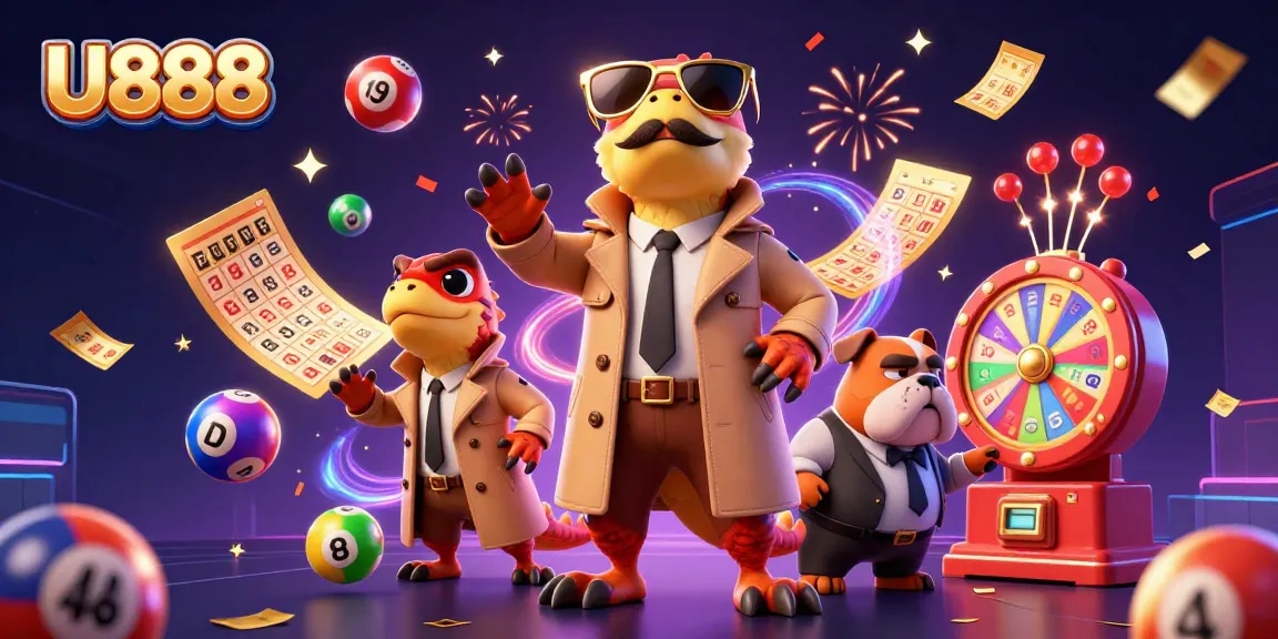 Experience excitement with U888 as cartoon raptors attempt VIP casino entry amidst dazzling lottery elements.