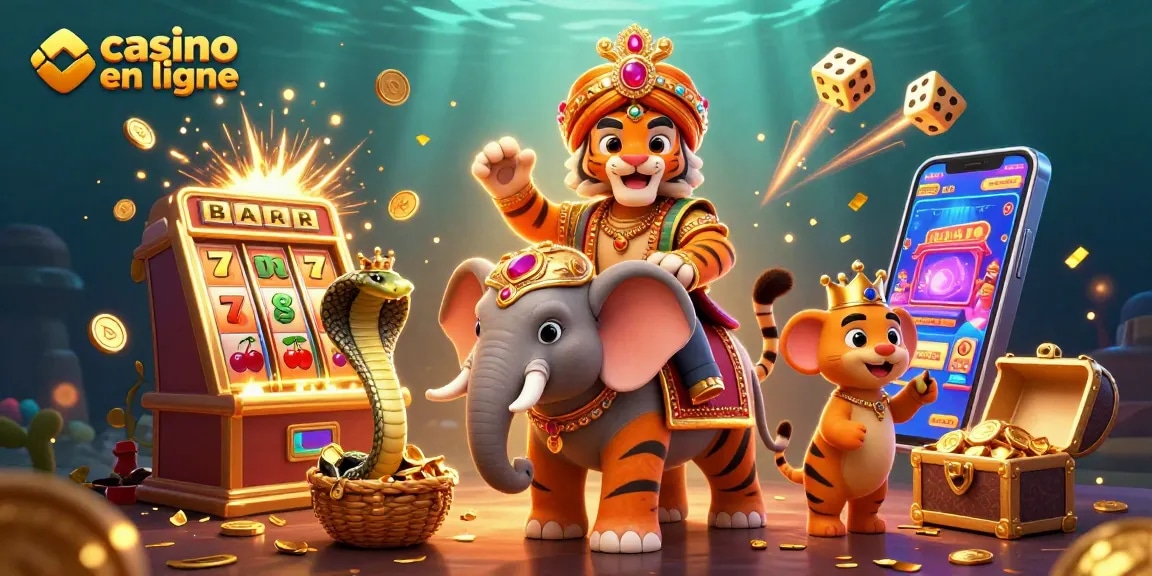Gagnez avec le casino en ligne grâce à une illustration captivante d'un tigre maharaja et un éléphant.