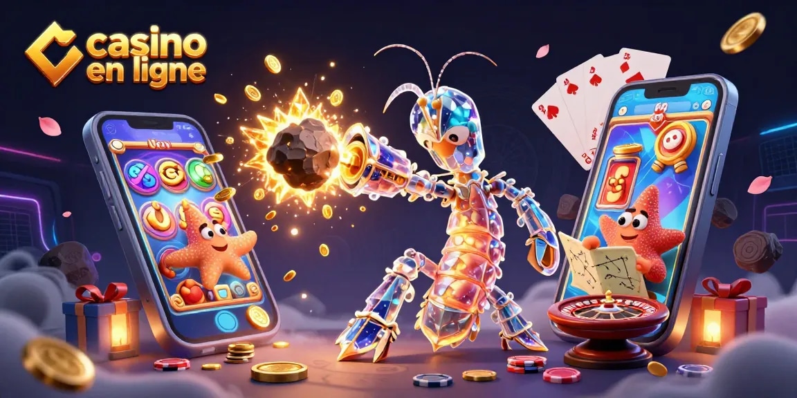 Illustration colorée de "casino en ligne" avec des héros de jeu et des objets gagnants
