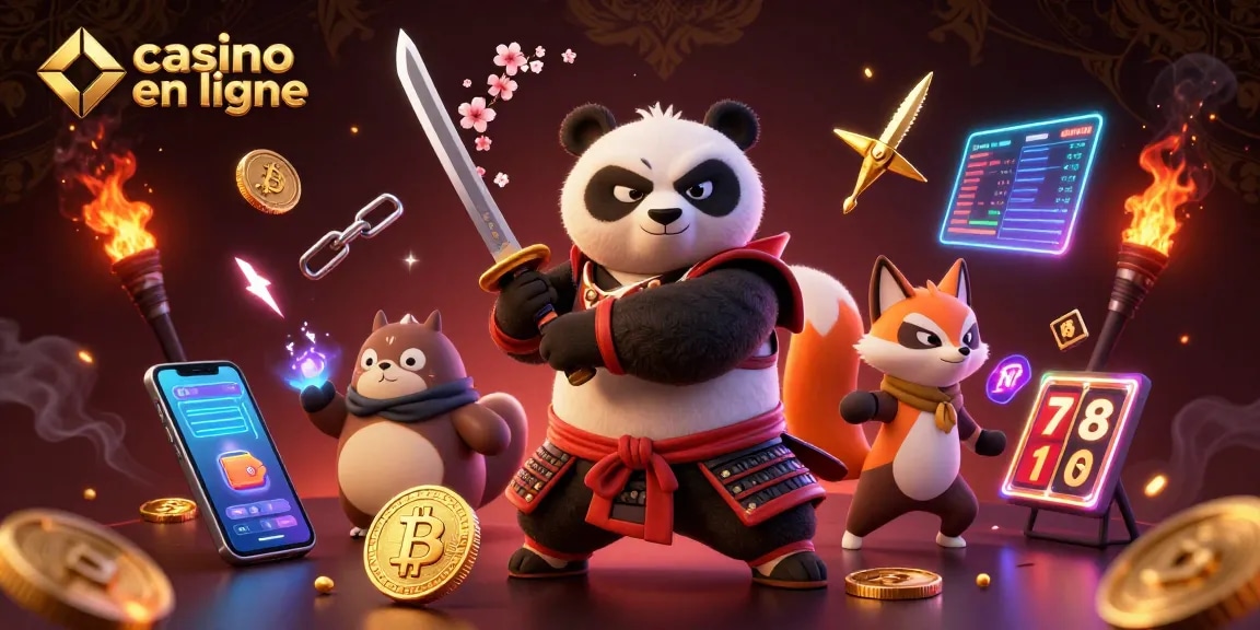 Illustration dynamique de casino en ligne avec un panda samouraï et des pièces de crypto-monnaies brillantes