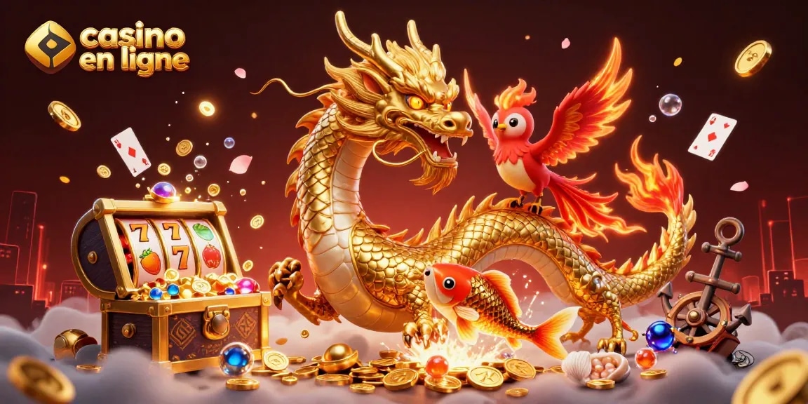 Vivez l'excitation du casino en ligne avec un dragon, un phœnix et un poisson chanceux.