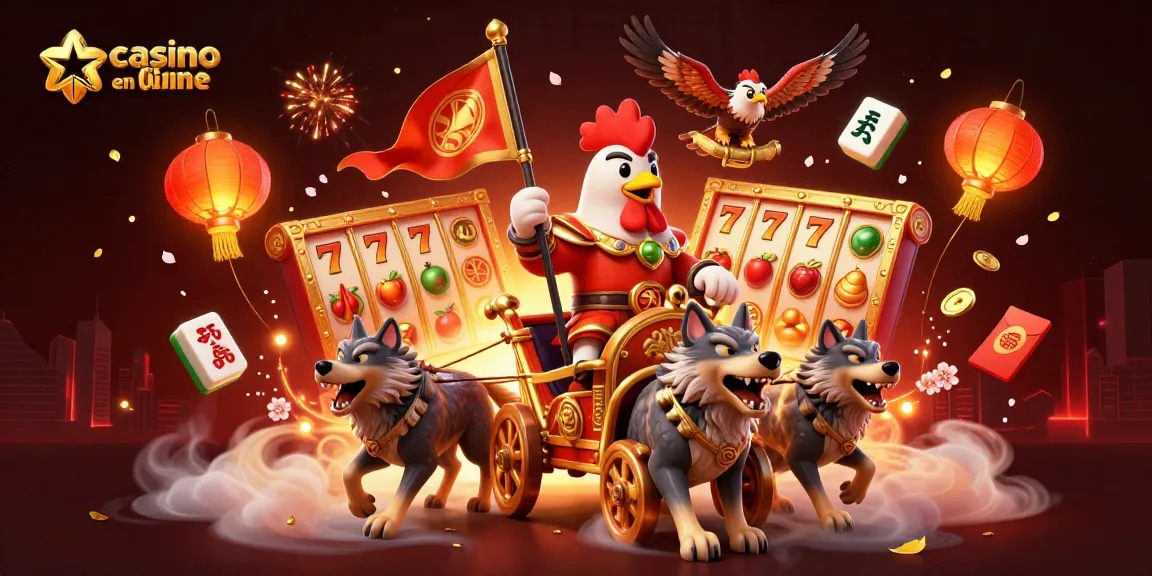 Profitez d'une expérience palpitante dans un casino en ligne avec cette scène dynamique d'un seigneur coq sur son chariot en or.