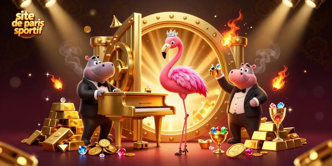 Illustration animée 3D d'un site de paris sportif avec une chanteuse flamant et un bassiste hippopotame.