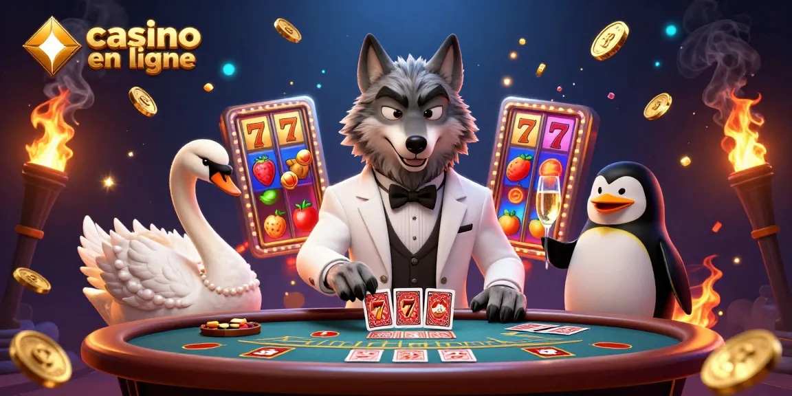 Le casino en ligne prend vie avec un loup élégant, un cygne croupier et un pingouin sommelier.