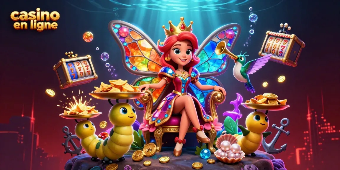 Visualisez un monde de casino en ligne vivant avec des éléments de jeu colorés et dynamiques.