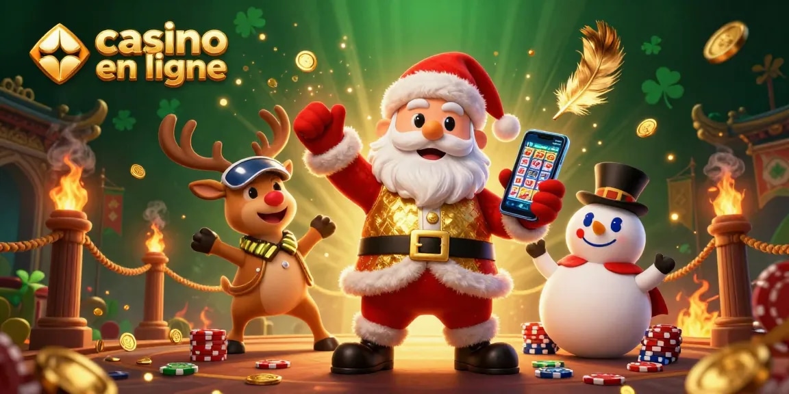 Jouer dans un casino en ligne avec le Père Noël et un renne dans une scène festive et dynamique.