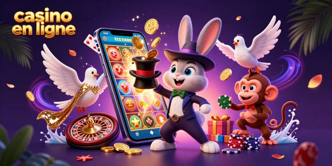 Les personnages animés en 3D illustrent l'excitation des jeux de casino en ligne avec des pièces d'or et des cartes à jouer.