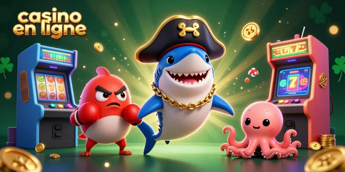 Des jeux captivants avec le casino en ligne, incluant un requin pirate et des machines à sous colorées.