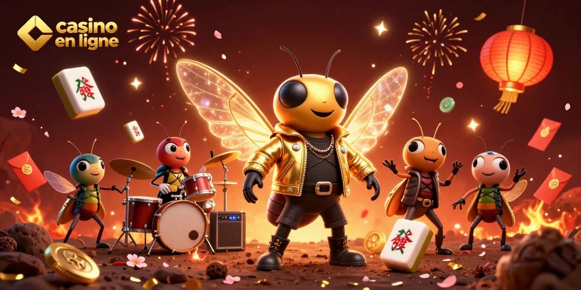 Célébrez avec un casino en ligne à travers une scène dynamique de rockstars insectes et des éléments de jeux.