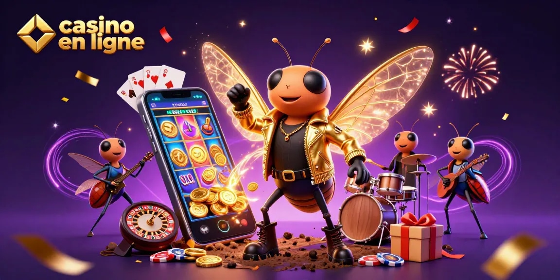 Le cicada rock star dans une scène de casino en ligne vibrant, entouré de joyaux du jeu et de célébrations.