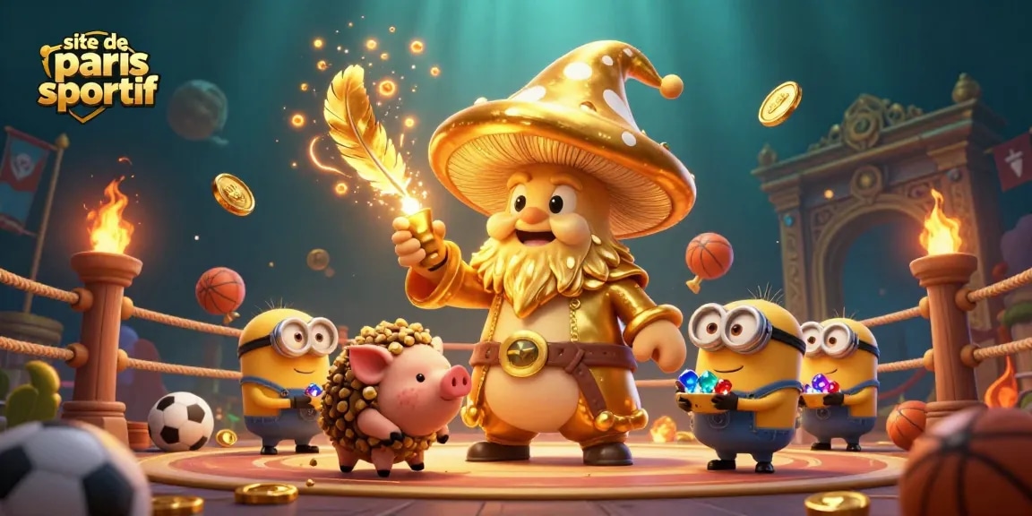 Illustration représentant un site de paris sportif dynamique avec un sorcier champignon, un cochon truffier et des minions, entourés d'éléments de paris sportifs.