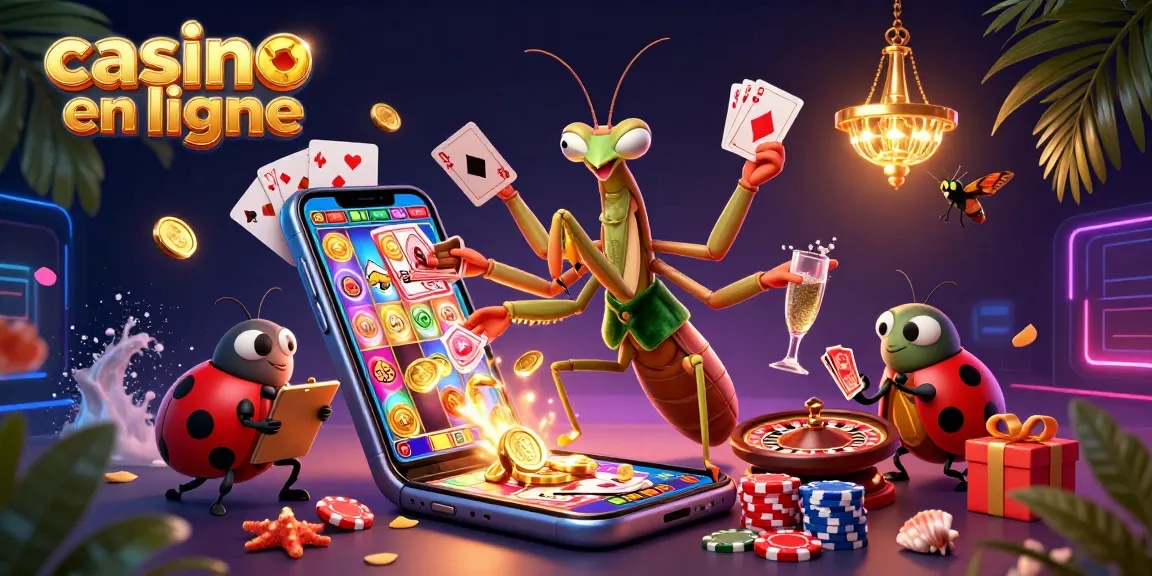 Illustration dynamique représentant des personnages de casino en ligne avec des jeux de cartes et des jetons.