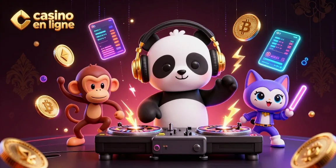 Rejoignez la fête au casino en ligne avec un panda DJ, un singe danseur et un chat en rave, entourés de crypto-monnaies.
