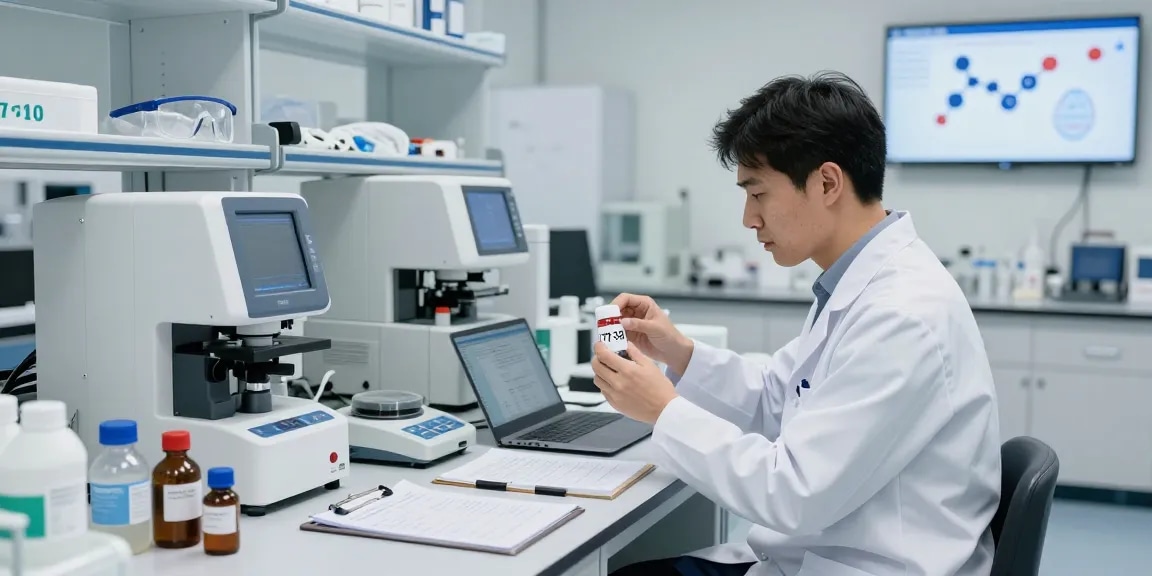 Scientist analyzing b7-33 for sale in a modern research lab with high-tech equipment and detailed notes.