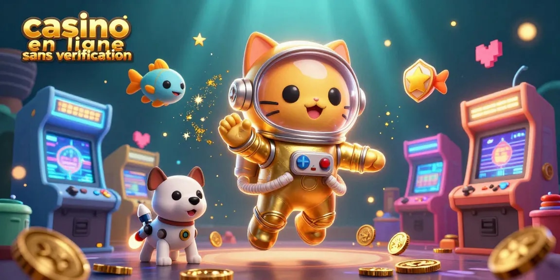 Jouez dans un casino en ligne sans vérification avec un chat astronaute et un chien robot dans un univers coloré.