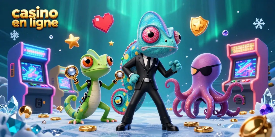 Illustrez l'excitation des jeux avec casino en ligne, où un caméléon agent secret interagit avec un compagnon gecko.