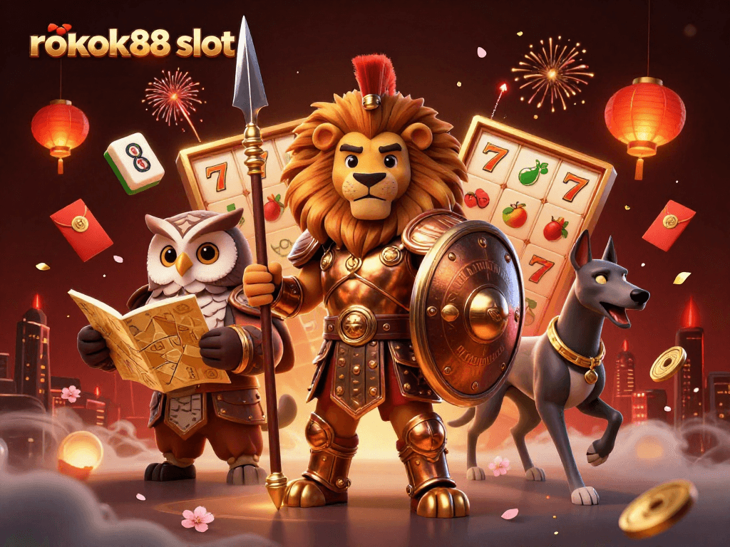 Engage in thrilling gameplay with rokok88 slot featuring a Spartan lion, owl strategist, and energetic greyhound.