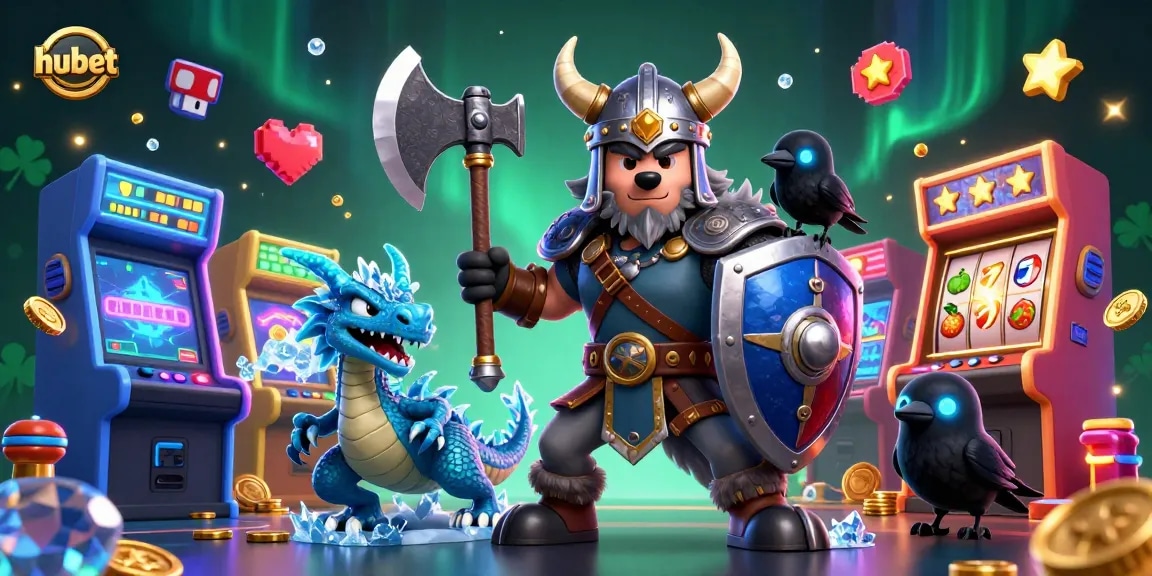 Engage with hubet's vibrant 3D illustration featuring an epic Viking wolf warrior and his companions in a casino-themed adventure.