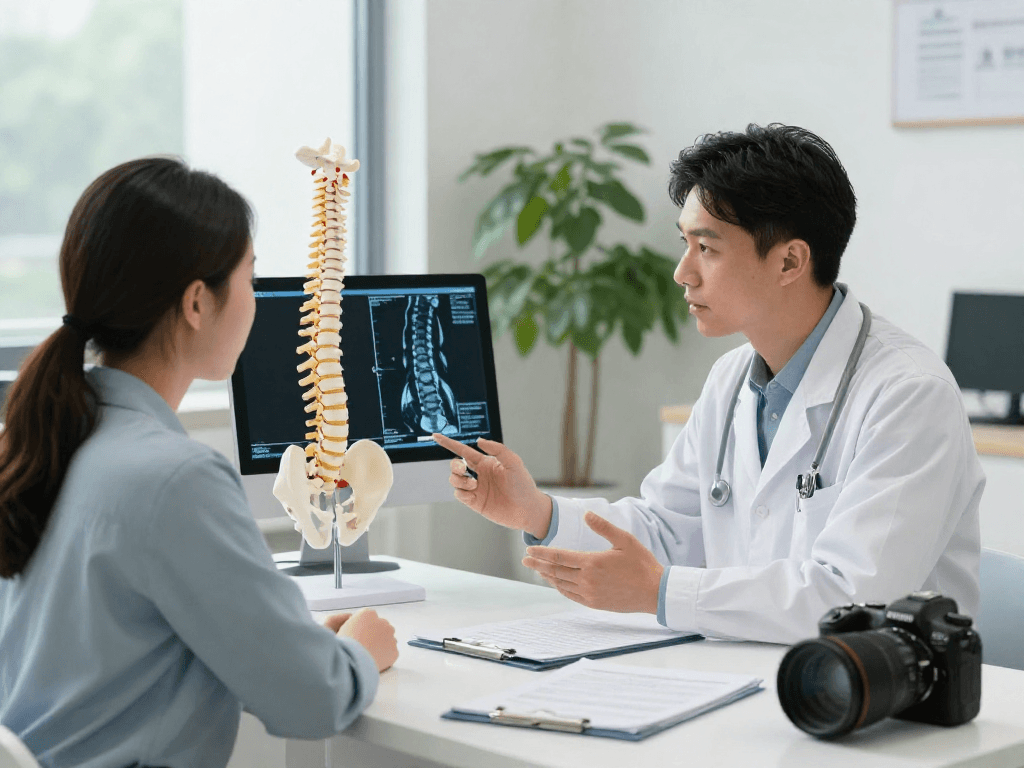 Discussion on dar kanal ameliyatı between surgeon and patient in a modern clinic, highlighting spinal stenosis diagnosis.