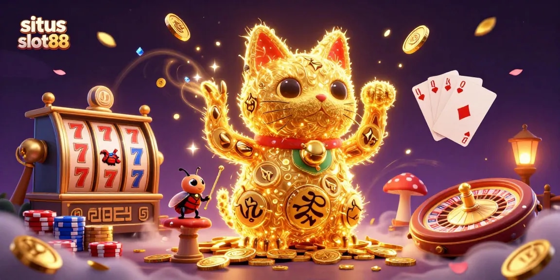 situs slot88 features a lucky cat made of fireflies amidst sparkling casino elements.