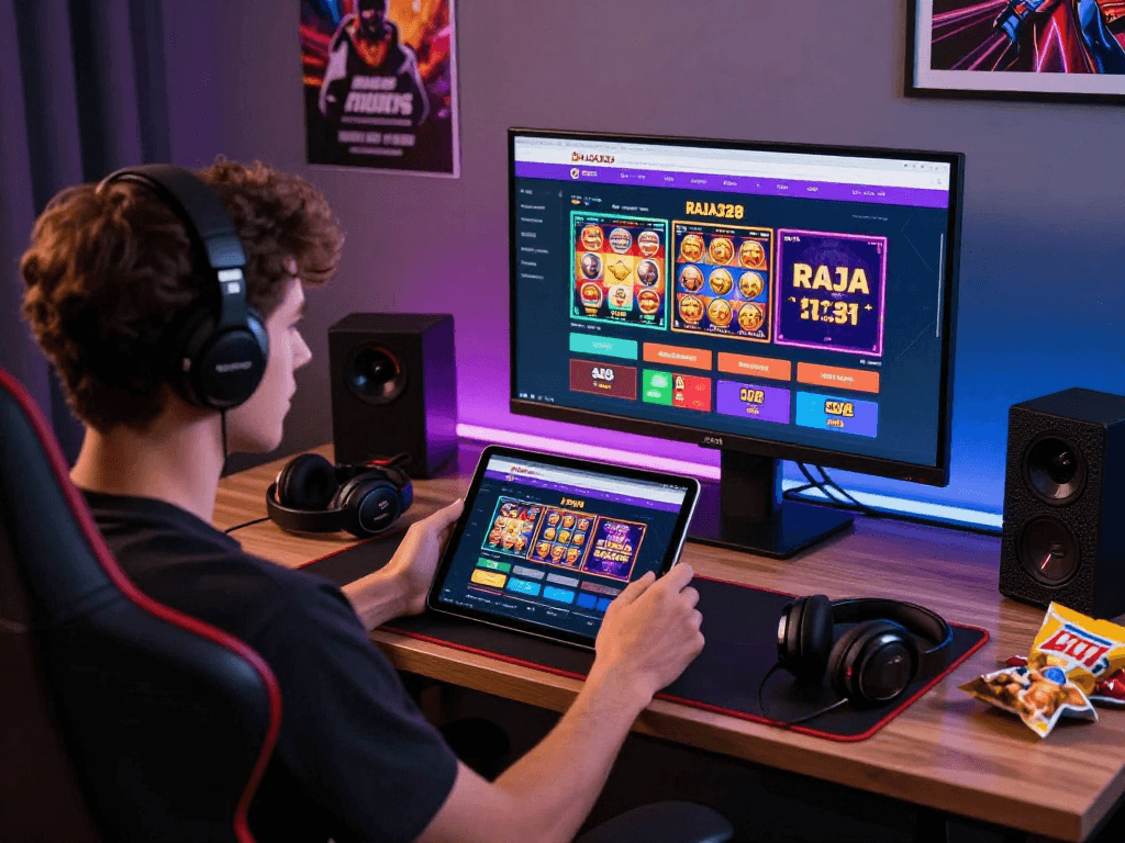 Exciting gaming session with situs raja328 displayed on tablet, vibrant gaming chair, and modern gaming setup.
