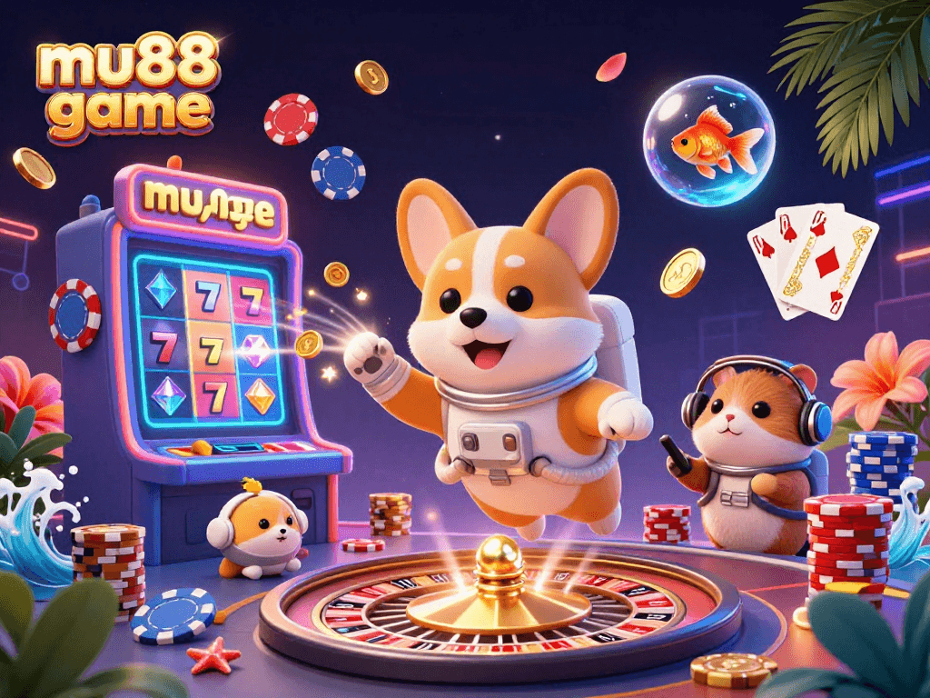 Experience the thrill of mu88 game with 3D visuals of an astronaut corgi in a space casino.