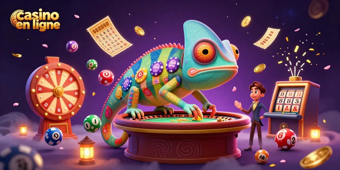 Illustration dynamique de casino en ligne avec un caméléon géant et des éléments de jeux.