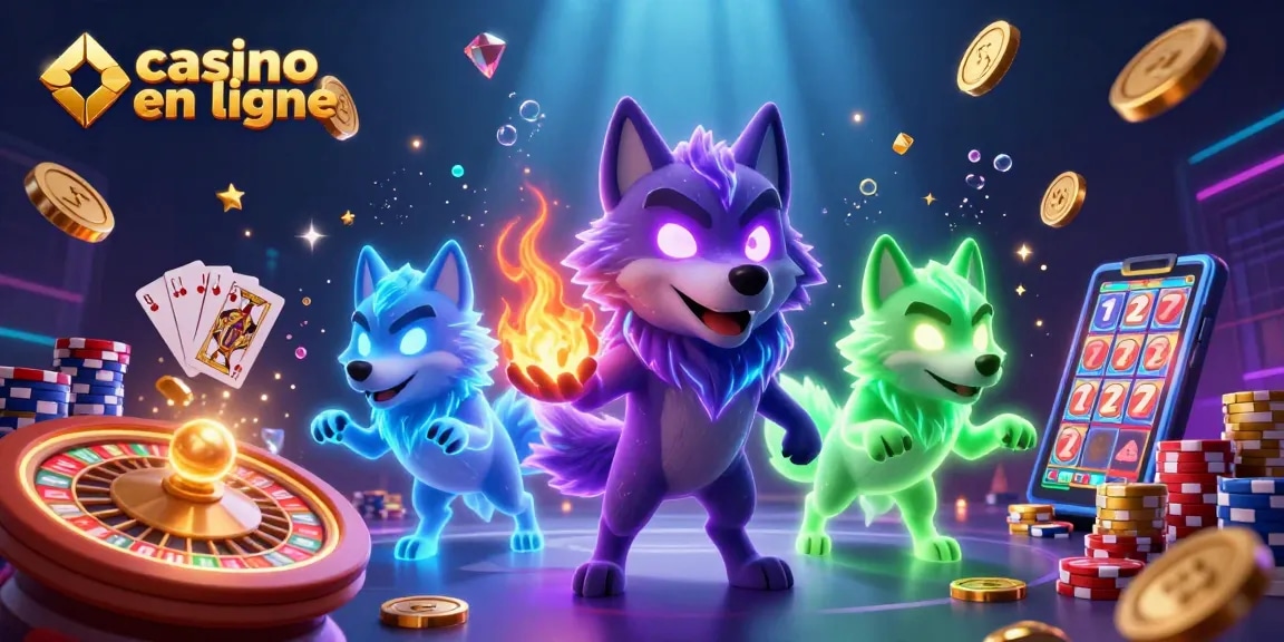 Illustration animée dynamique de casino en ligne avec des loups fantomatiques et des éléments de jeu.