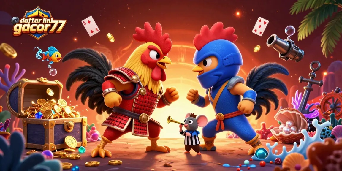 Engage with a vibrant scene illustrating daftar link gacor77 featuring dynamic fighting roosters amidst casino elements.