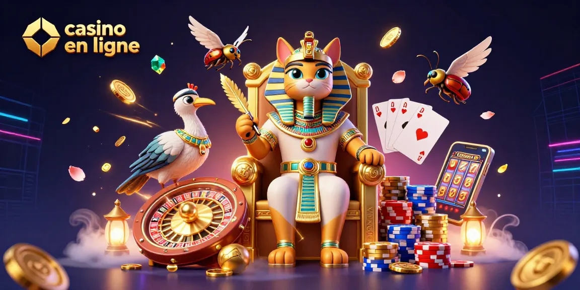 Illustration captivante de casino en ligne montrant un chat pharaon égyptien sur un trône entouré de pièces d'or.