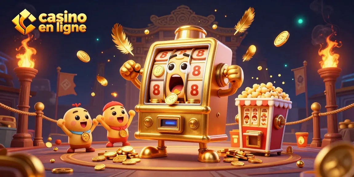 Jouez au casino en ligne avec des machines à sous dorées éclatantes et une ambiance festive.