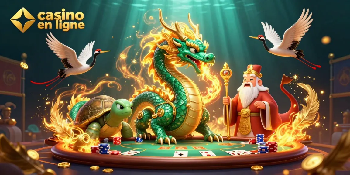 Illustration vibrante de casino en ligne avec dragon, tortue sage et grues chanceuses dans un décor de poker passionnant