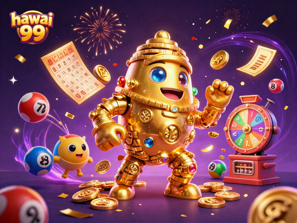 Experience excitement with hawai 99's vibrant 3D gaming illustration, featuring dynamic lottery and bingo elements.