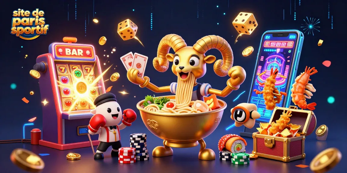 Mise en avant du site de paris sportif avec des personnages ludiques dans un environnement de casino dynamique.