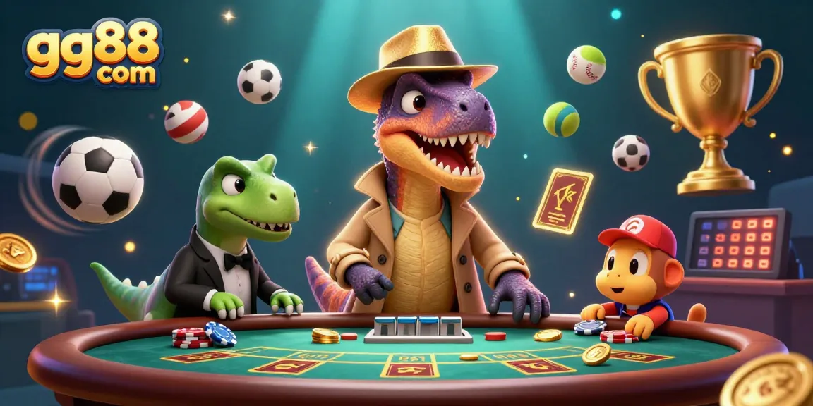 Experience winning thrills at gg88 com with cartoon velociraptor card counter in a lively casino scene.