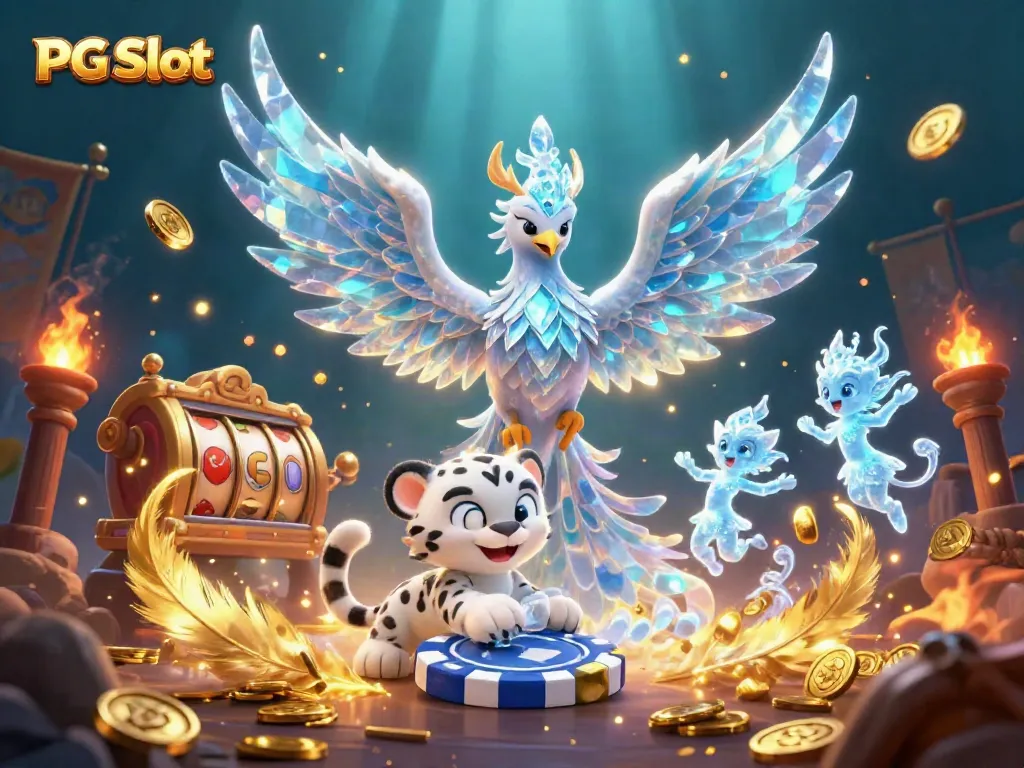 Experience the thrilling PG Slot action with an ice phoenix and charming characters in a vibrant casino scene.